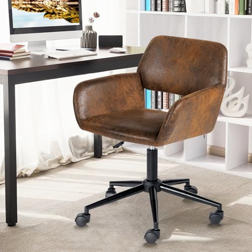 FurnitureR Office Chair, Upholstered Suede Mid Back Swivel Computer Desk Chair with Rolling Wheels, Adjustable Task Chair for Home, Bedroom, Make-up, Studying, Small Spaces - Brown FurnitureR
