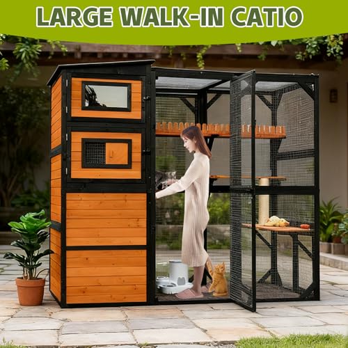 Nicedday Catio Outdoor Cat Enclosures, Large 4 Tiers Wood Cat House, Cat Enclosure Connect to Window with Weatherproof Roof, 4 Platforms, Scratching Pole & Bridge nicedday