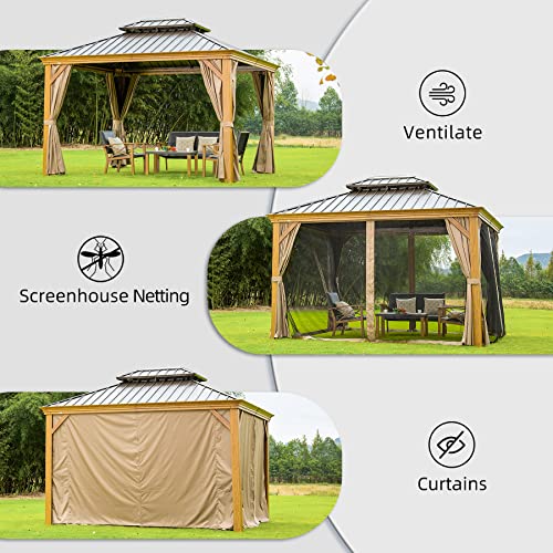 12' x 14' Hardtop Gazebo, Domi Wood Looking Aluminum Gazebo with Galvanized Steel Double Roof, Permanent Metal Gazebo with Curtains and Netting for Patio Lawn and Garden domi outdoor living