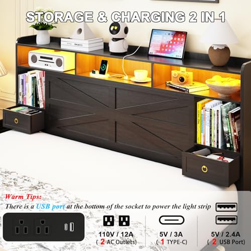 Etditrnp King Bed Frame with Storage Headboard, Farmhouse Platform Bed Frame with Bookshelf, Drawers, LED Lights and Charging Station, Metal Slats Support, Noise Free, No Box Spring Needed, Black Etditrnp