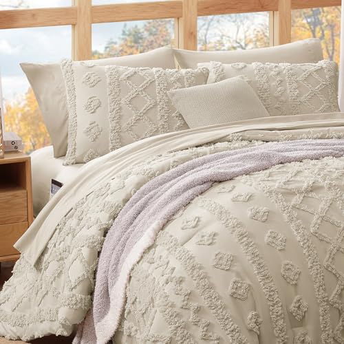 WRENSONGE Queen Size Comforter Set with Sheets - 7 Pieces Beige Tufted Bed in a Bag Queen Shabby Chic Bedding Sets with 1 Comforter, 2 Sheets, 2 Pillowcases & 2 Shams WRENSONGE