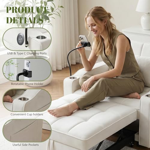ERYE 3-in-1 Convertible Sleeper Sofa Bed with Pull Out Sleeper Couch Bed & Reclining Backrest, Modern Single Lounge Chair Convertible Tufted Sofabed for Home Apartment