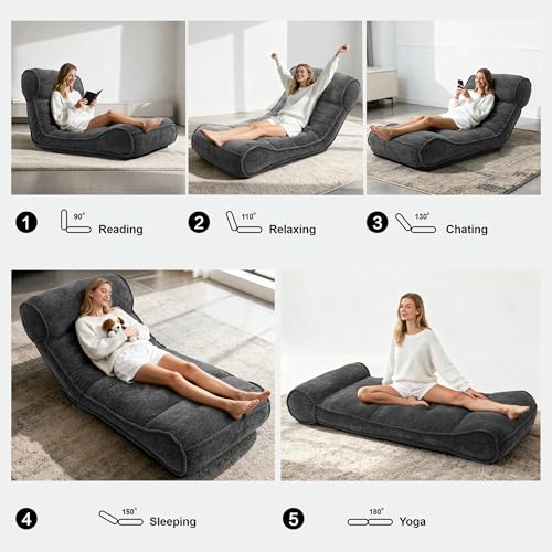 SUNPEAK Lazy Floor Bed 83" – Extra Comfy Sleeper Chaise Lounge Chair Indoor, Adjustable Recliner Floor Lounger, Plush Futon Chair Bed for Yoga, Gaming, Meditation & Reading Nook (Recliner, Black) SUNPEAK