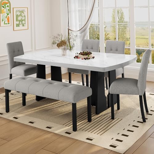 Merax 6-Piece Dining Table Set with Modern Faux Marble Oval Kitchen Tabletop, Four Upholstered Chairs and One Bench for Dining, Living Room, Kitchen, Easy Assembly, White+Gray Merax