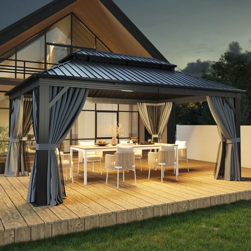 Aoxun 12FT X 16FT Hardtop Gazebo, Outdoor Pergolas with Mosquito Netting and Curtains, Galvanized Steel Double Roof Permanent Aluminum Gazebo, for Gardens, Decks, Patios, Parties Aoxun