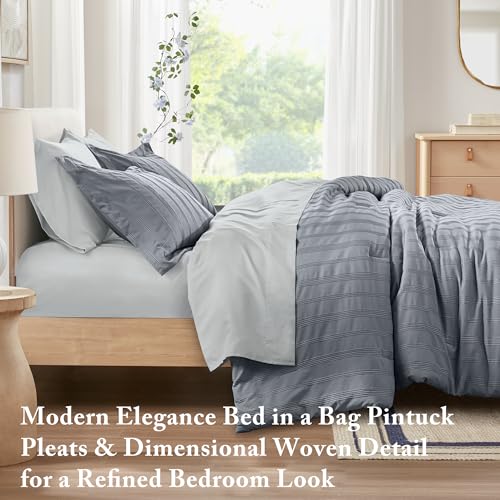 Madison Park Essentials Striped Comforter Set Queen, 7 Pieces Modern Minimalist Jacquard Bedding Set for All Season, Bed in A Bag with Sheet Set and Soft Brushed Reverse, Lightweight Blue/Grey Madison Park Essentials