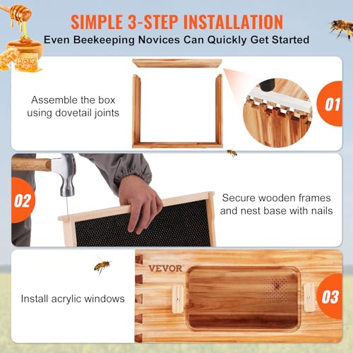 VEVOR Bee Hive Deep Box Starter Kit, 100% Beeswax Coated Natural Cedar Wood, Langstroth Beehive Kit with 10 Frames and Foundations, Transparent Acrylic Bee Windows for Beginners and Pro Beekeepers VEVOR