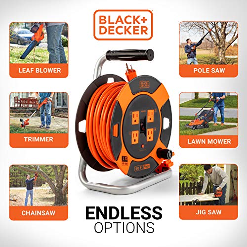 BLACK+DECKER 50 Ft. Retractable Extension Cord Reel With 4 Outlets, Multi-Plug Extension, Easy Handle Rewind & Heavy-Duty 14AWG SJTW Cable Black + Decker