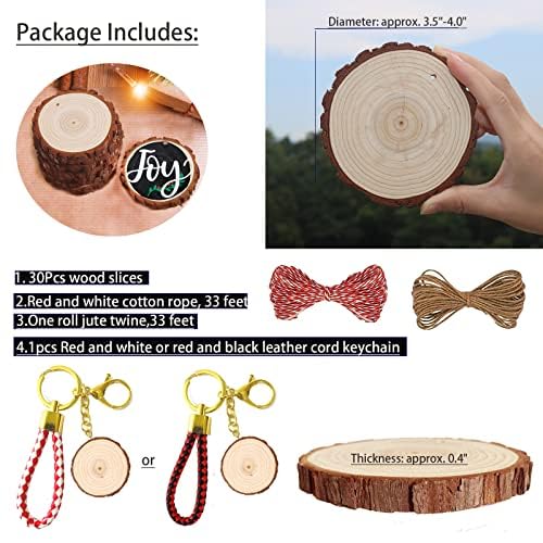 SENMUT Wood Slices 30 Pcs 3.5-4.0 inch Natural Rounds Unfinished Wooden Circles Christmas Wood Ornaments for Crafts Wood Kit Predrilled with Hole Wood Coasters Craft Supplies for DIY and Painting SENMUT