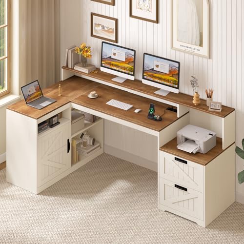TVU Farmhouse L Shaped Desk with Drawers, 62.2" Home Office Desk with Storage Shelves and Power Outlet, L Shaped Computer Desk with Monitor Stand and Printer Shelf, Brown and White TVU