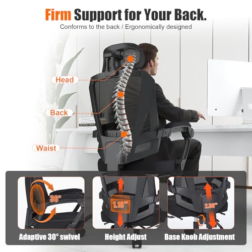 Hihady Ergonomic Office Chair with Footrest, High Back Swivel Mesh Desk Chair, Big and Tall Rolling Computer Chair with Headrest, Lumbar Support, 3-Level Tilt Backrest for Home, Bedroom, Work Hihady
