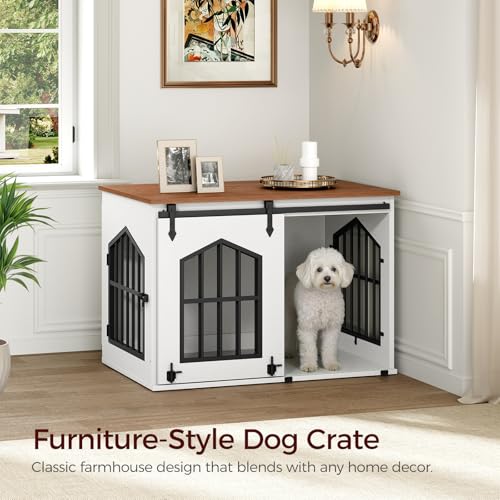 MAHANCRIS Dog Crate Furniture, 31.5" Farmhouse Dog Kennel with Sliding Barn Door, Wooden Dog Cage for Small Medium Dogs, Decorative Pet House Side End Table, Chew-Resistant, White and Walnut DCBA9601 MAHANCRIS