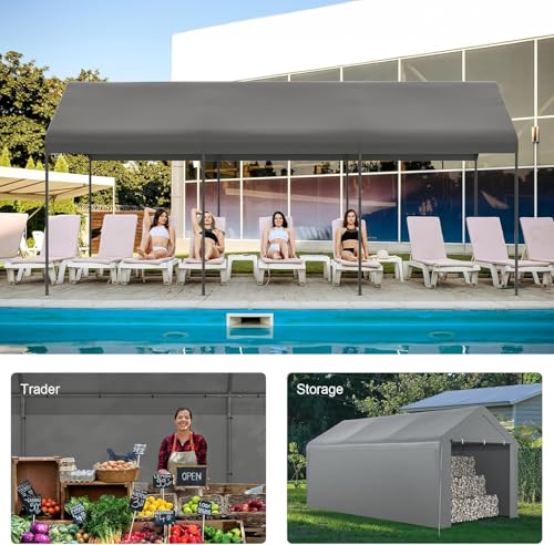 Kecreque Carport 10x20 Heavy Duty Portable Garage w/Removable Sidewalls & Roll-Up Door Car Canopy Party Tents Waterproof UV Resistant All Weather Car Port for Trucks,Boats(Grey) Kecreque