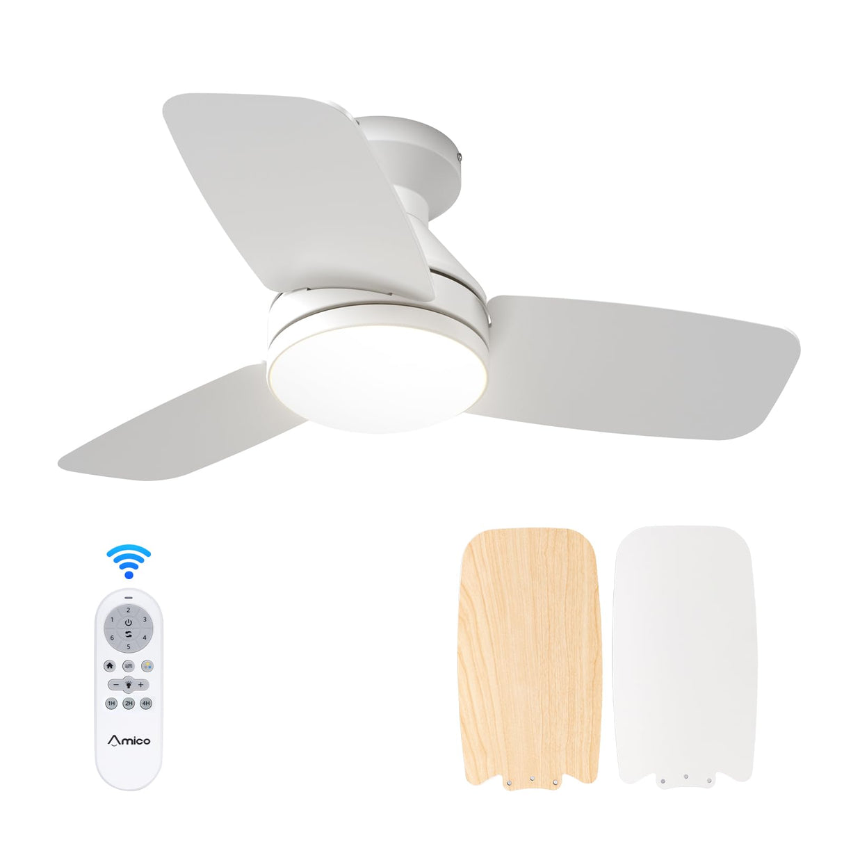 Amico Ceiling Fans with Lights, 30 inch Low Profile Ceiling Fan with Light and Remote Control, Flush Mount, Reversible, 3CCT, Dimmable, Noiseless, White Ceiling Fan for Bedroom, Indoor/Outdoor Use Amico