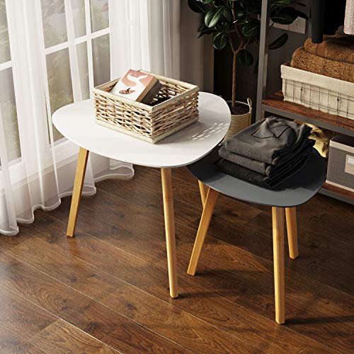 BAMEOS Bamboo Nesting Triangle End Table,Set of 2 Coffee Table Modern Minimalist Side Table for Living Room, Balcony in White & Grey BAMEOS