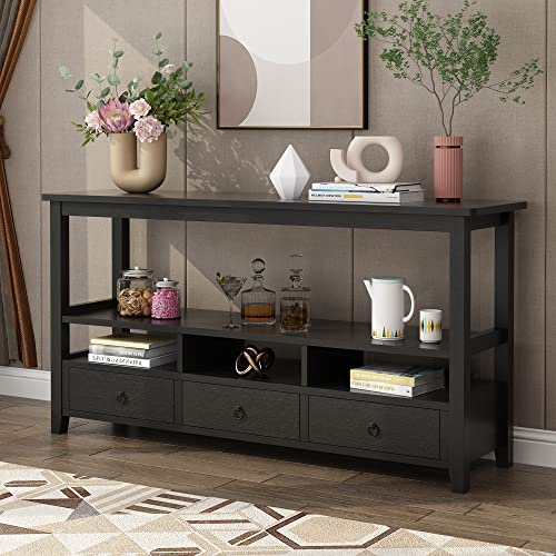 Karl home Console Table with 3 Bottom Drawers, 57.9" W Sofa Side Table Entryway Desk with 3 Storage Cubbies 1 Open Shelf, Vintage TV Stand for Hallway Living Room Office, Black 29.9" H Karl home
