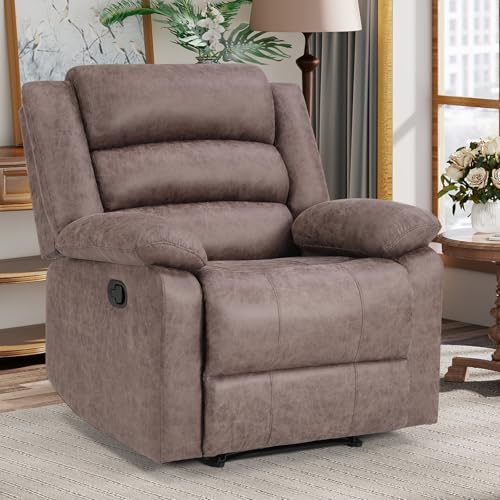 ANJ Manual Recliner Chair for Adults, Faux Leather Reclining Chair with Padded Arms and Overstuffed Backrest, Single Recliner Sofa for Living Room, Coffee Brown