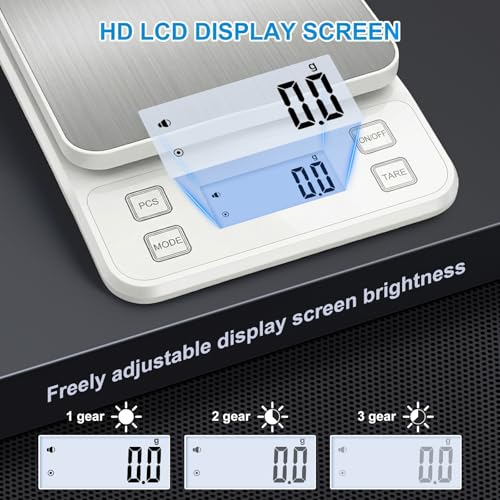 22lb Rechargeable Stainless Steel Scale, Diyife Large Kitchen Food Scale with 0.1g/0.001oz High Precision, LCD Display, 10 Unit, Waterproof IPX67, Washable, Hangable, for Baking, Cooking, White