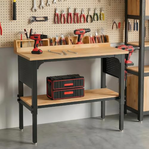 Workbench Adjustable Height Heavy Duty Work Bench with Storage, 2200 LBS Load Capacity Work Table, Pegboard, Built-in Power Outlet, Lockable Wheels for Garage, Workshop, Warehouse & Home NORTHSKY