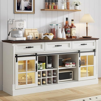 St.Mandyu 66" Sideboard Buffet Cabinet with Drawers, Farmhouse Buffet Table with Storage, Modern Coffee Bar Wine Bar Cabinet with Barn Doors for Kitchen, Dining Room, Living Room, White