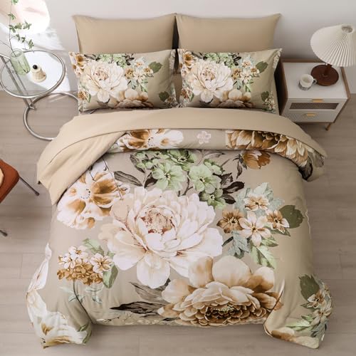 Dintszyayue Khaki Floral Comforter Set King Size 7 Pieces Bed in a Bag Elegant Flower Bedding Set for All Season with Flat Sheet, Fitted Sheet, Pillowcases & Shams Dintszyayue