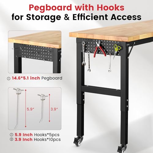 ENJOYWOOD Workbench with Wheels 60 Inch Rubberwood Tabletop Garage Workbench Adjustable Height Work Bench with Pegboard, Power Outlets for Woodworking, Home, Office, Workshop ENJOYWOOD
