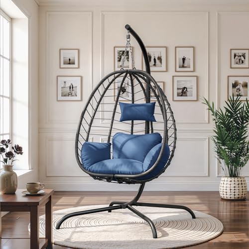 ALAULM Foldable Egg Chair with Stand, 485LBS Capacity Wicker Rattan Hammock Swing Chair for Outdoor & Indoor, Patio Hanging Chair with Strong Frame & UV Resistant Cushion for Balcony, Bedroom, Blue