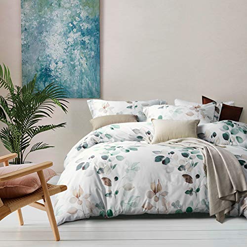 MILDLY 100% Long-Staple Cotton Duvet Cover Set, Gradient Teal Leaves Pattern Bedding Set 3pcs, Ultra Soft Breathable Chic Comforter Cover MILDLY
