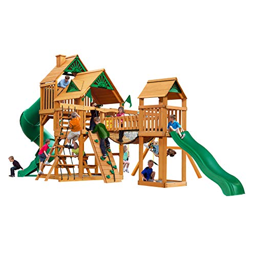 Gorilla Playsets 01-1021-AP Treasure Trove I Wood Swing Set with Wood Roof, Clatter Bridge, and Rock Wall, Amber Gorilla Playsets