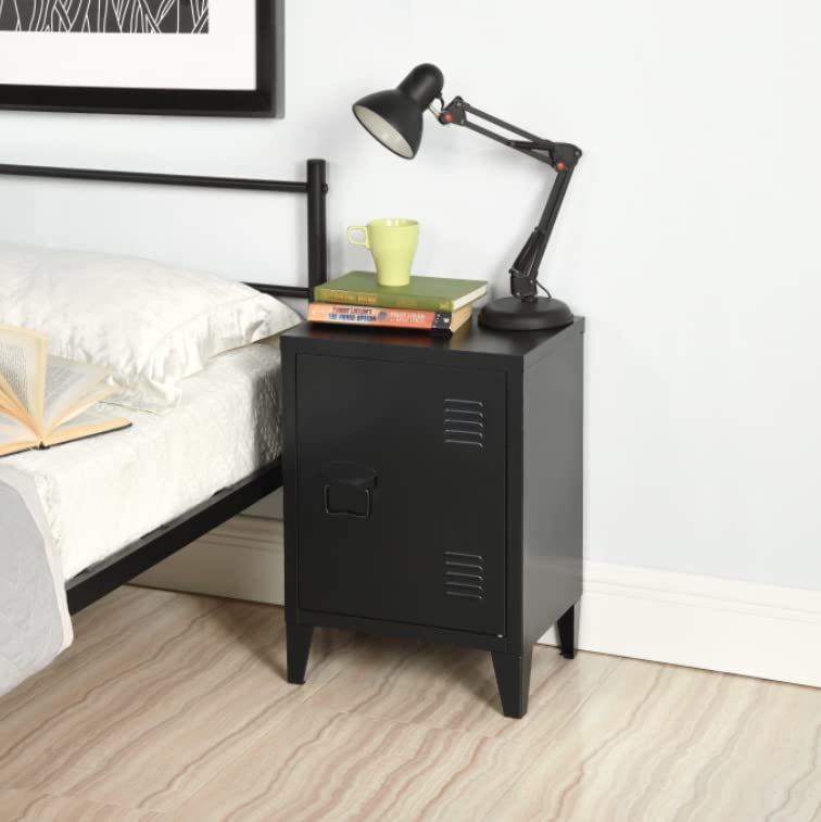 FurnitureR Industrial Metal Storage Cabinet Nightstand End Table Bedside Coffee Table,1 Door with Removable Shelf,Size:15.9'' x 12'' x 22.6'' (Black) FurnitureR