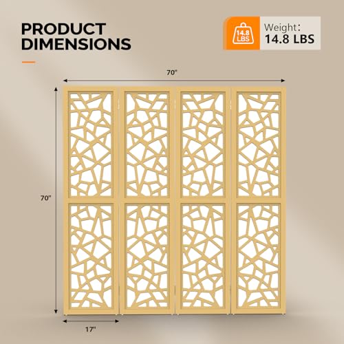 VINGLI 70'' H Room Divider, Non-Woven Fabric Privacy Screen, Indoor Partition Wall Dividers, Freestanding Hinged Space Separator with Modern Unique Pattern (Gold, 4 Panel) VINGLI