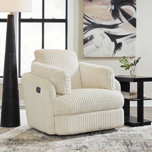 Signature Design by Ashley Tie-Breaker Cozy Contemporary Manual Press-Back Swivel Glider Rocker Recliner with 2 Bolster Pillows and Hidden Storage, White Signature Design by Ashley