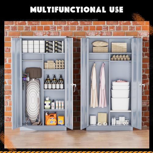 Greenvelly Metal Wardrobe Closet with Doors and Hanging Rod, 72” Lockable Steel Storage Wardrobe Bedroom Storage Cabinet, Clothes Closet for Home, Office and Bedroom, School,Gym(Dark Gray) Greenvelly
