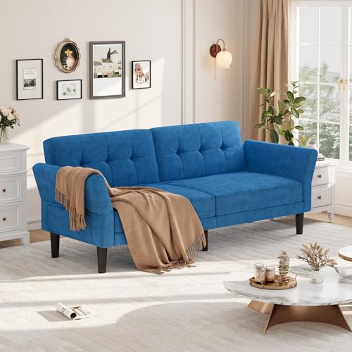 IDEALHOUSE 89" Futon Sofa Bed, Convertible Sleeper Sofa with Adjustable Backrest & Armrest, Modern Futon Couch Bed, Loveseat Sleeper for Living Room Bedroom Apartments, Blue IDEALHOUSE