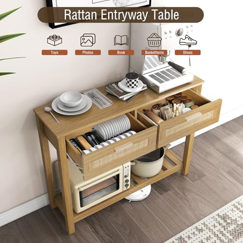 FUQARHY Console Table with 2 Rattan Drawers Boho Entryway Table with Storage Shelf, Narrow Wood Small Console Tables for Entryway, Entry Table for Hallway, Living Room, Foyer FUQARHY