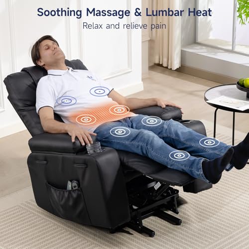 Brage Living Power Lift Recliner Chair for Elderly with Massage & Heat, 160° Adjustable PU Leather Electric Recliner with Remote, Cup Holders, Side Pockets, and Stand Assist for Living Room (Black)