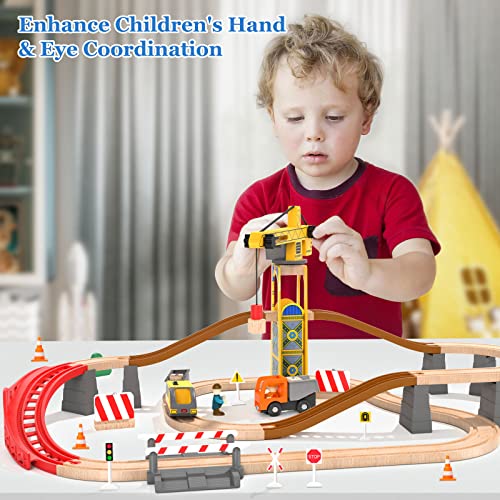 Giant bean Tower Crane Wooden Train Set, 72pcs Toy Battery Operated Train Track for Boys and Girls 3-7, Fit Thomas The Train, Brio, Melissa & Doug Giant bean