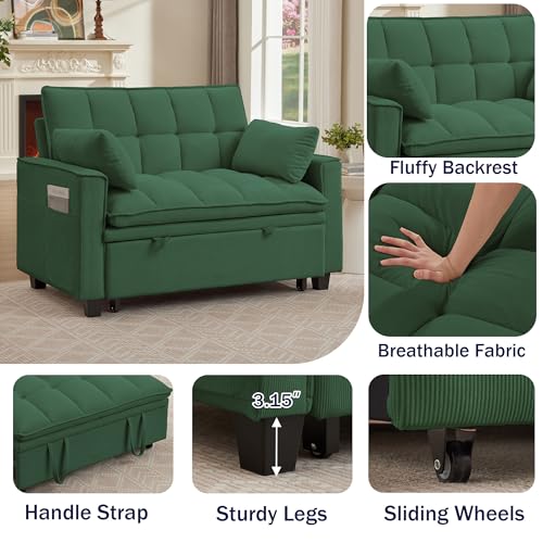 Portaforta Sleeper Sofa with Pull Out Couch Bed, 48" Convertible Pull-Out Sofa Bed Chair, 3-in-1 Futon Couch with Reclining Backrest and Side Pockets for Living Room Bedroom Apartment, Green Portaforta