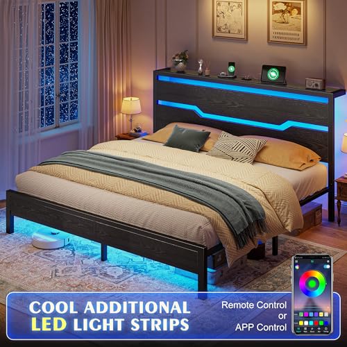 Homkdom King Size Bed Frame with LED Lights & Charging Station, King Bed Frame and Headboard,Metal Bed Frame King Size Heavy Duty,13" Under Bed Storage,No Box Spring Needed, No Noise,Modern Black Homkdom