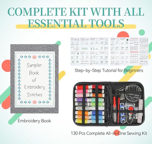 ilauke Upgraded Embroidery Stitch Book Loose-Leaf 7x8 inch, Embroidery Kit for Beginner Adults 106 Patterns, DIY Sewing Books Kit with Supplies & Tutorials, Easy to Practice
