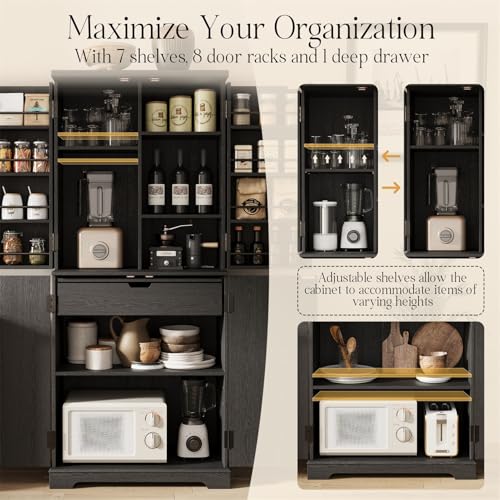 71" Tall Fluted Kitchen Pantry Cabinet, Modern Fluted Pantry Cabinet with Doors, Kitchen Pantrys Storage Cabinets with Drawer and Adjustable Shelves Doors for Dining Room, Living Room, Bathroom Black Generic