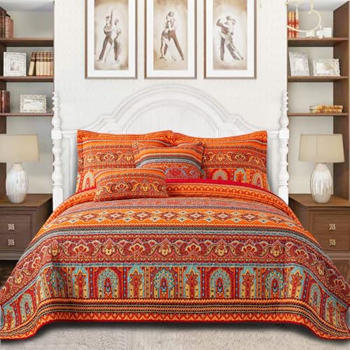 VAPUTAR Cotton Quilt King Size Bedding Set - 3 Pieces King Quilt Bedding Set, Boho King Size Quilts, Lightweight Reversible Coverlets Bedspreads for Farmhouse Bedroom (Red/Orange) VAPUTAR