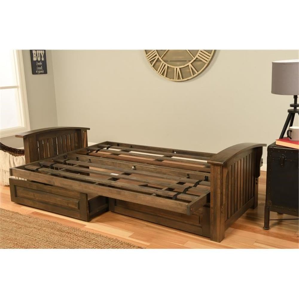Kodiak Furniture Washington Queen Size Futon Frame with Storage Drawers - Wood Futon Frame with Mattress Included in Mocha Brown Color Kodiak Furniture
