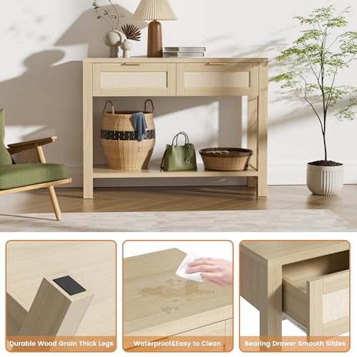YUUIJOAA Boho Chic Console Table with 2 Rattan Drawers and Open Shelf Storage, Narrow Farmhouse Sofa Table for Small Space Entryway, Living Room,Hallway,Natural YUUIJOAA