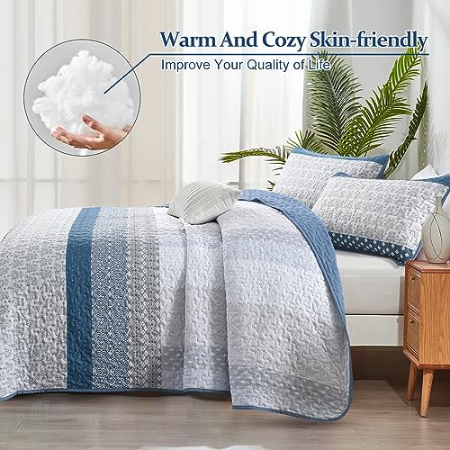 WONGS BEDDING Blue Quilt Queen Size, Bohemian Stripe Quilt Sets 3 Pieces Boho Quilted Bedspread Set Lightweight Microfiber Coverlet Bedding Set All Season (96"x90") WONGS BEDDING