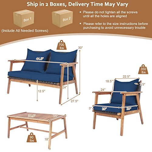 Tangkula 4-Piece Patio Furniture Set, Outdoor Acacia Wood Conversation Set with Cushions and Coffee Table, Outdoor PE Wicker Sectional Sofa Set for Garden, Poolside and Backyard (1, Navy) Tangkula