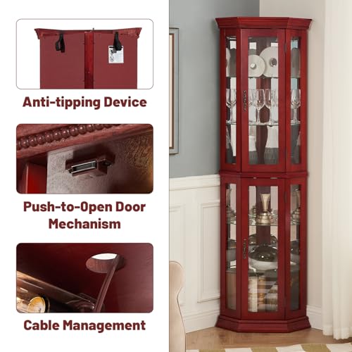 BAOMKONG Tall Corner Cabinet with Glass Doors, Lighted Glass Display Curio Cabinet with Adjustable Shelves, Home Office Floor Standing Display Cabinet for Bar, Liquor Storage and Medal, Cherry BAOMKONG