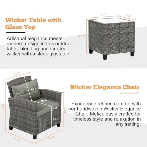 Shintenchi 3 Pieces Patio Furniture Set 3 Pieces PE Rattan Wicker Chairs with Table Outdoor Furniture for Backyard/Garden/Poolside/Outdoor Restaurant Gary Rattan with Gary Cushion Shintenchi