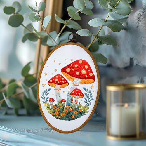 ORIGACH 5 Pack Mushroom Embroidery Kits for Beginners, DIY Stamped Cross Stitch Kit with Mushroom Patterns Hoops Needles Threads and Instructions for Adults Embroidery Craft Lover