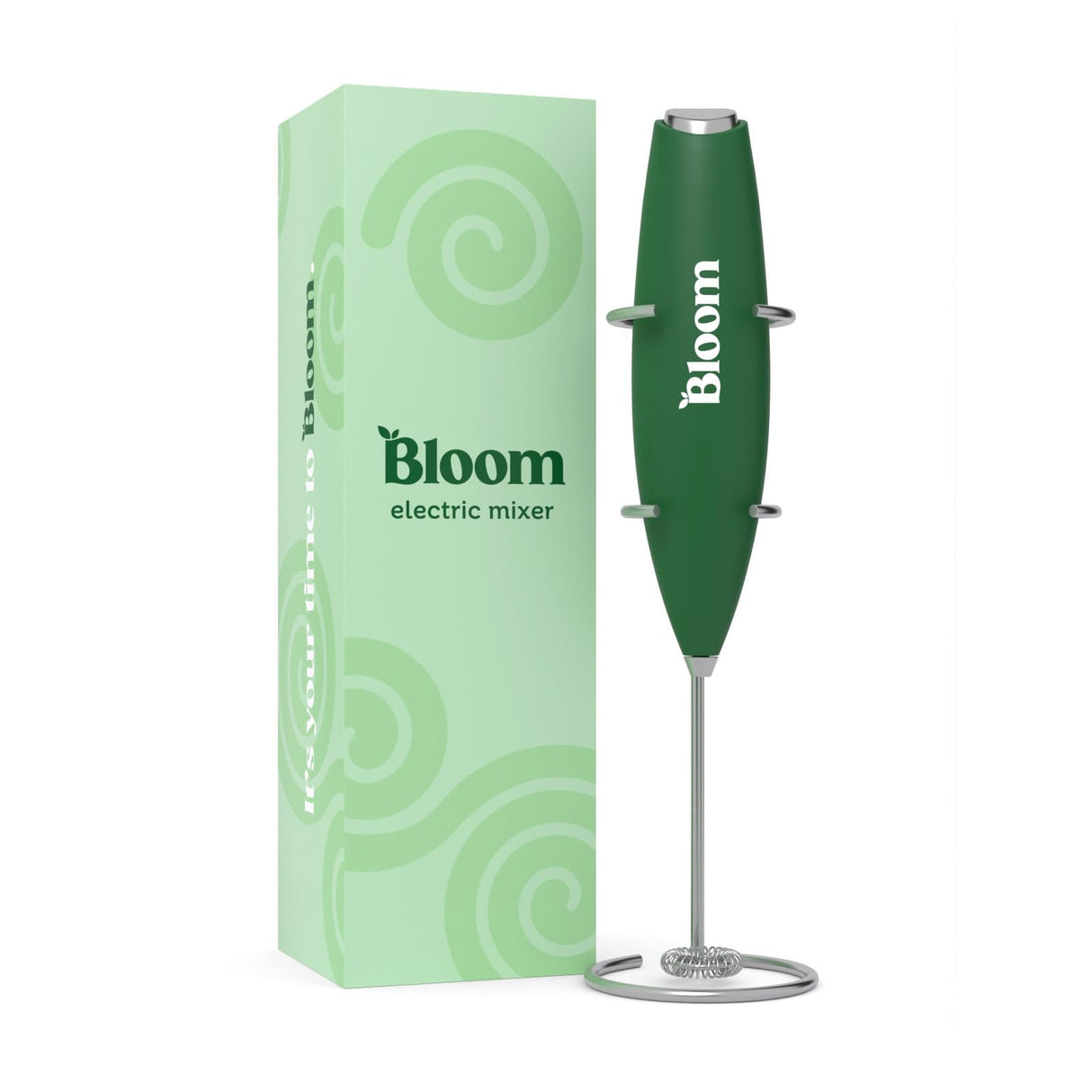 Bloom Nutrition Milk Frother, Hand Mixer, Electric, Handheld Drink Stirrer, Frothing Wand, Foam Maker for Coffee, Matcha, Protein, Greens, Stainless Steel, Battery Operated, Includes Whisk Stand Bloom Nutrition